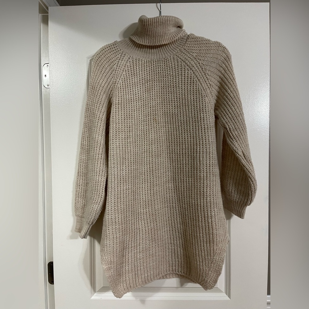 Tempo Paris, Turtleneck Tunic Sweater M/L - Made in Italy, Chunky Knit, Beige